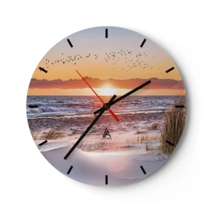 Orologio da parete - Orologio in Vetro - Tramonto sul mare con uccelli e sabbia in primo piano - 30x30cm - Paesaggio orizzontale - Decorazione murale moderna per soggiorno, cucina e camera da letto ARTTOR