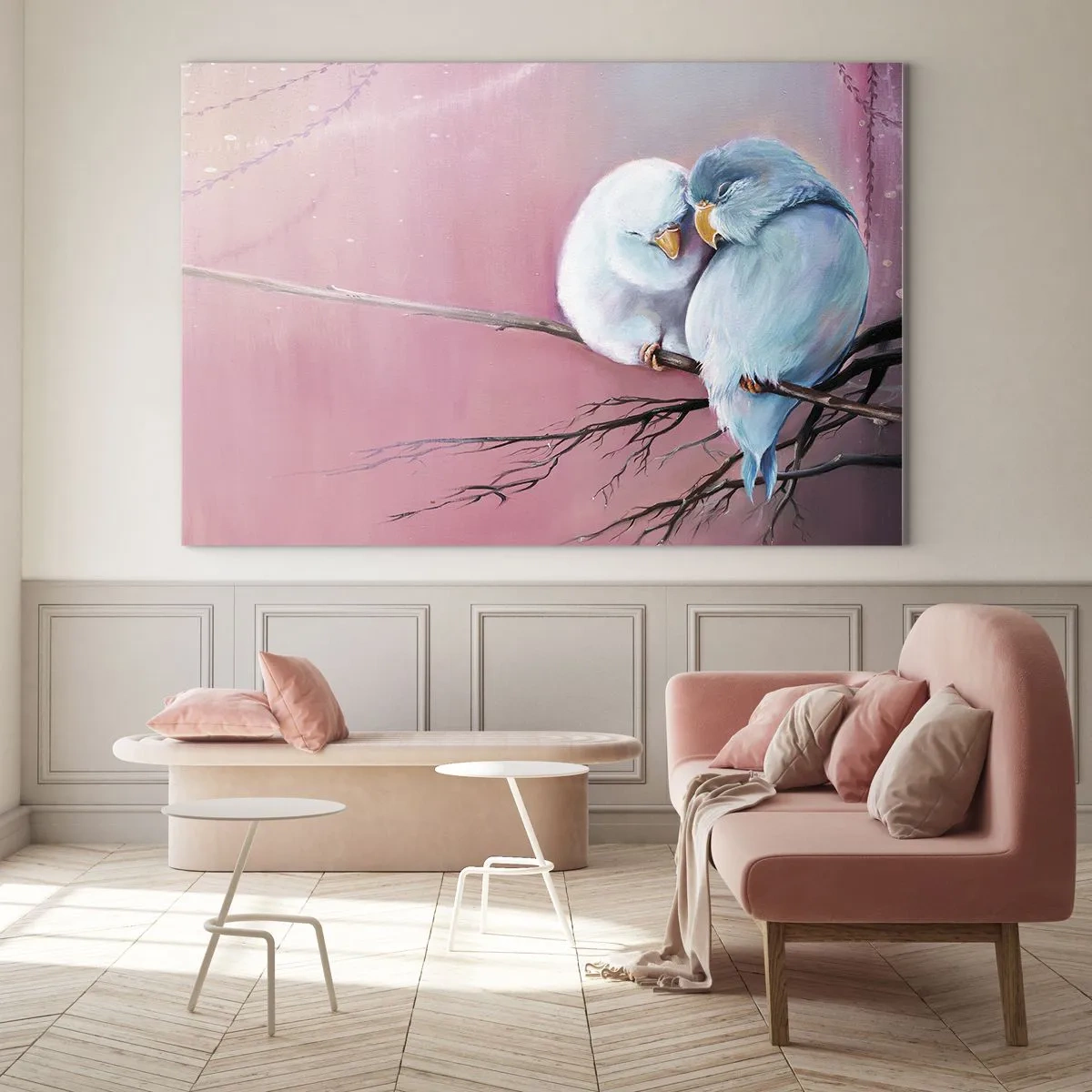 Quadro su vetro - Due inseparabili seduti su un ramo su uno sfondo rosa - 70x50cm - Che cosa aggiungere? - Decorazione murale moderna per soggiorno e camera da letto ARTTOR