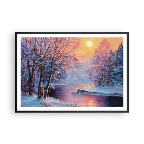 Poster in cornice nera - Paesaggio invernale con fiume e alberi all'alba - 100x70cm - I colori dell'inverno - Decorazione murale moderna per soggiorno e camera da letto ARTTOR