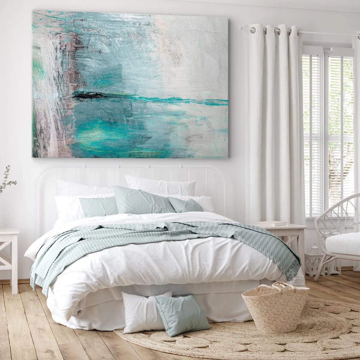 Quadro su tela - Stampe su Tela - Astrazione nei toni del turchese e del grigio - 100x70cm - Orizzonte nel blu - Decorazione murale moderna per soggiorno e camera da letto ARTTOR