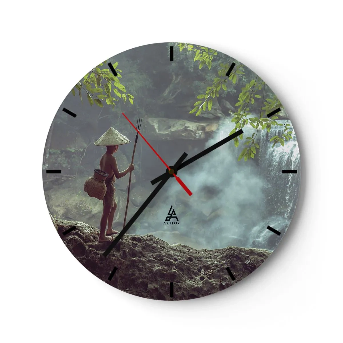 Orologio da parete - Orologio in Vetro - Una scena naturalistica con un ragazzo vicino a una cascata - 30x30cm - In armonia con la natura - Decorazione murale moderna per soggiorno, cucina e camera da letto ARTTOR