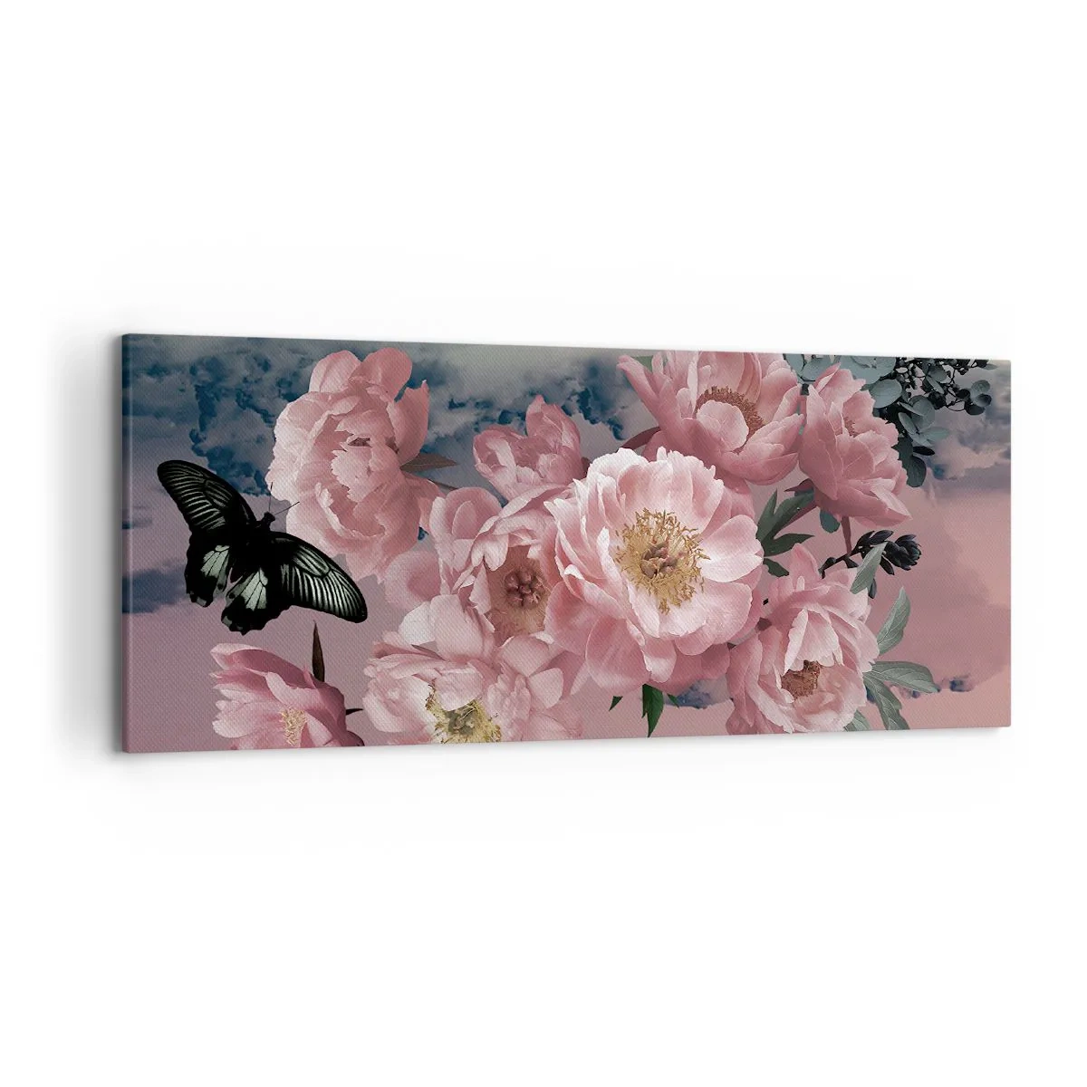 Quadro su tela - Stampe su Tela - Peonie rosa con farfalla su sfondo pastello - 120x50cm - L'apice della romanticità - Decorazione murale moderna per soggiorno e camera da letto ARTTOR
