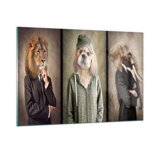 Quadro su vetro - Tre animali in vari stili, dall'elegante al casual - 120x80cm - Preferisco casual - Decorazione murale moderna per soggiorno e camera da letto ARTTOR