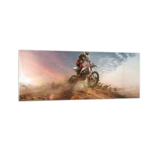 Quadro su vetro - Motociclista tra le dune al tramonto - 140x50cm - Verso la vittoria - Decorazione murale moderna per soggiorno e camera da letto ARTTOR