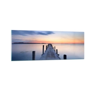 Quadro su vetro - Molo di legno sul lago al tramonto - 140x50cm - La calma di un dolce tramonto - Decorazione murale moderna per soggiorno e camera da letto ARTTOR