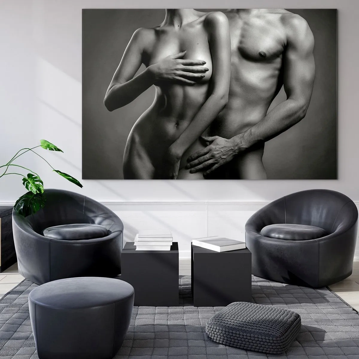 Quadro su vetro - Composizione in bianco e nero con sagome nude di una coppia - 100x70cm - Adamo ed Eva - Decorazione murale moderna per soggiorno e camera da letto ARTTOR