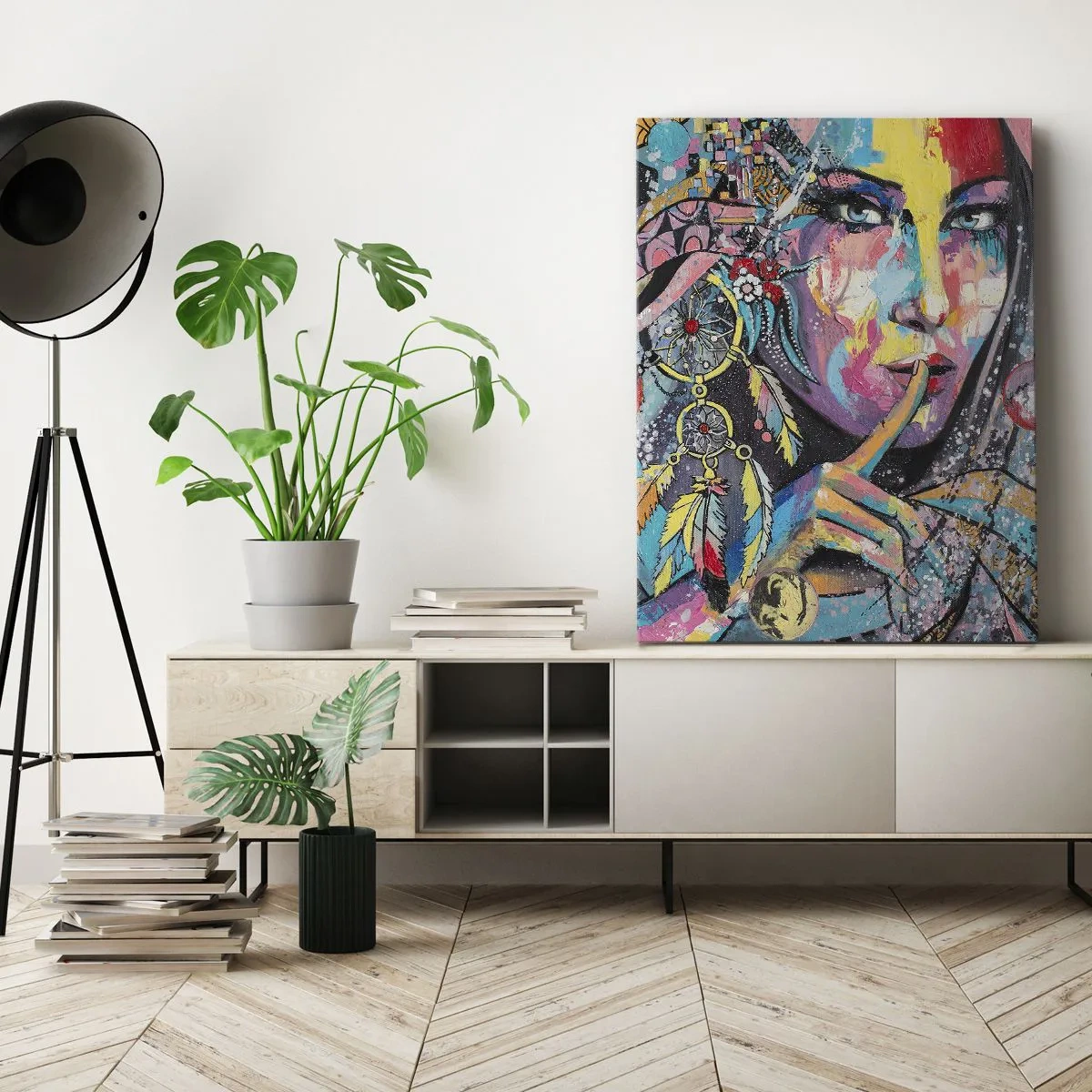 Quadro su tela - Stampe su Tela - Volto femminile colorato in stile artistico - 70x100cm - Taci, finché capirai - Decorazione murale moderna per soggiorno e camera da letto ARTTOR