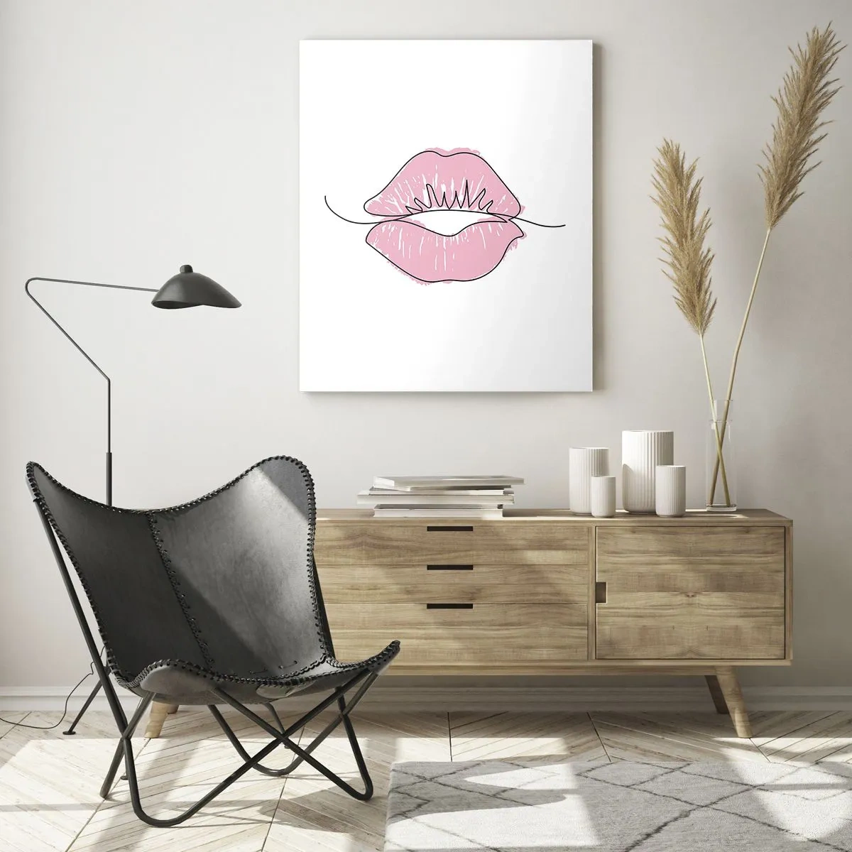 Quadro su vetro - Immagine astratta di labbra in tonalità di rosa e nero - 50x70cm - Pronti al bacio? - Decorazione murale moderna per soggiorno e camera da letto ARTTOR
