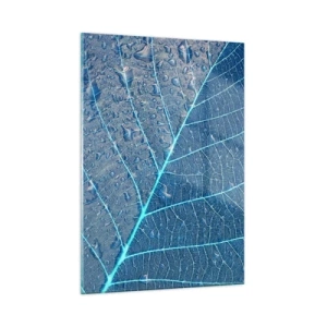 Quadro su vetro - Macrofotografia di una foglia con gocce d'acqua nelle tonalità del blu - 50x70cm - Vita nel blu - Decorazione murale moderna per soggiorno e camera da letto ARTTOR