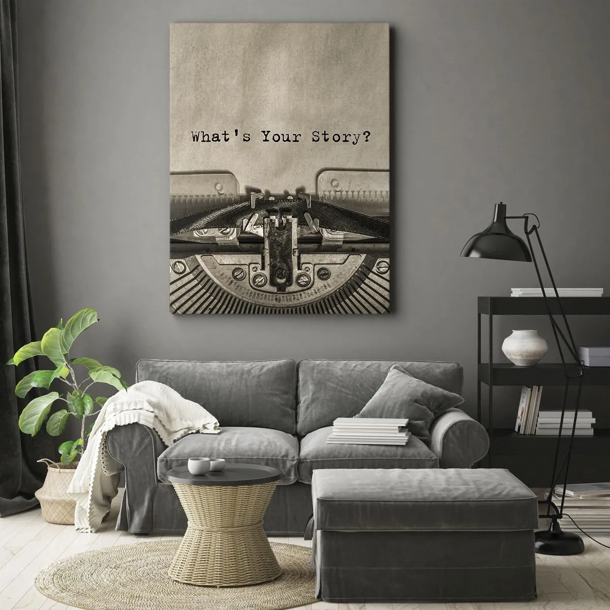 Quadro su tela - Stampe su Tela - Una macchina da scrivere con la scritta "Qual è la tua storia?" - 50x70cm - Rispondimi - Decorazione murale moderna per soggiorno e camera da letto ARTTOR