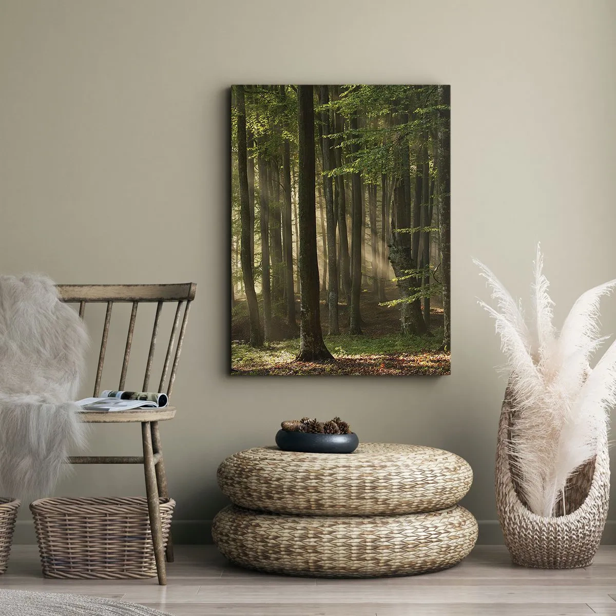 Quadro su tela - Stampe su Tela - Raggi di sole che penetrano attraverso gli alberi nella foresta - 50x70cm - Raggiante in un mattino di primavera - Decorazione murale moderna per soggiorno e camera da letto ARTTOR