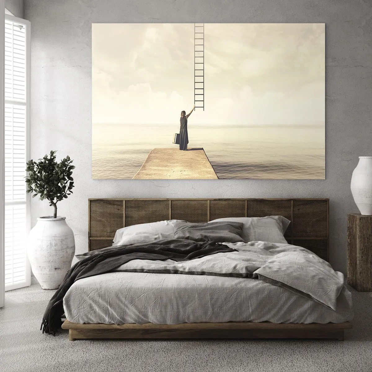 Quadro su vetro - Donna su un molo con una scala che porta al paradiso - 70x50cm - Viaggio magico - Decorazione murale moderna per soggiorno e camera da letto ARTTOR