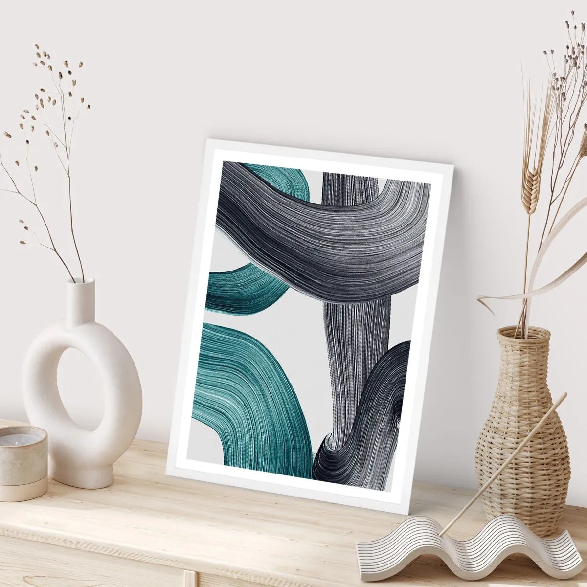 Poster in cornice bianca - Tracce smeraldo e nero - 30x40 cm