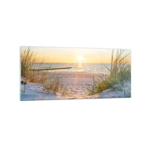 Quadro su vetro - Una spiaggia sabbiosa con vista sul tramonto sul mare - 120x50cm - Rumore del mare, uccelli che cantano, spiaggia selvatica tra i cespugli... - Decorazione murale moderna per soggiorno e camera da letto ARTTOR