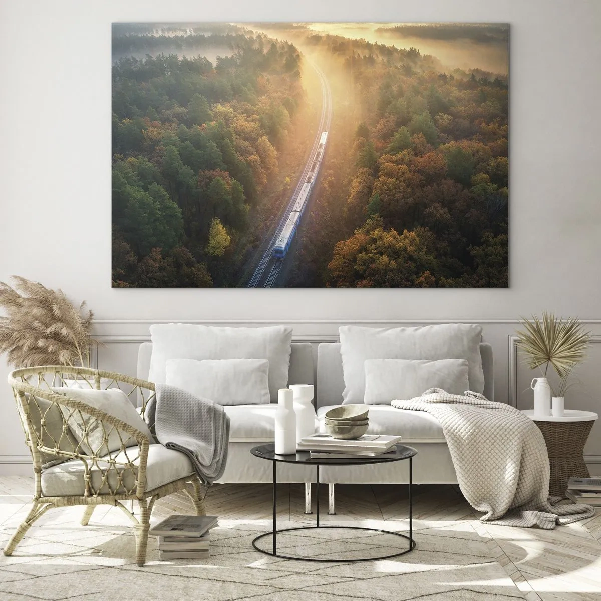 Quadro su vetro - Un treno in un pittoresco scenario autunnale, pieno di calore e nostalgia - 100x70cm - Viaggio autunnale - Decorazione murale moderna per soggiorno e camera da letto ARTTOR