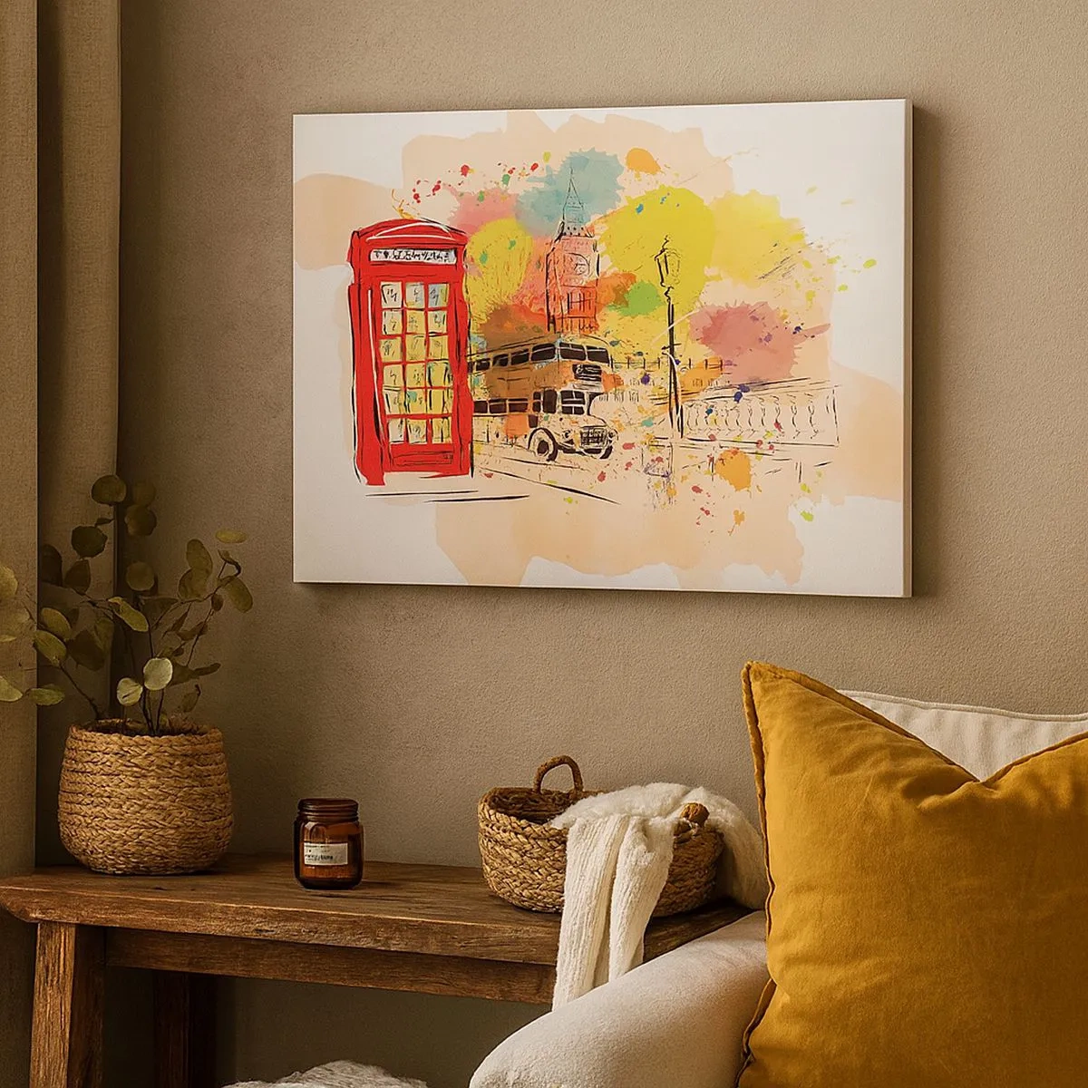 Quadro su tela - Stampe su Tela - Tema di Londra con autobus rosso e cabina - 70x50cm - La città della varietà - Decorazione murale moderna per soggiorno e camera da letto ARTTOR