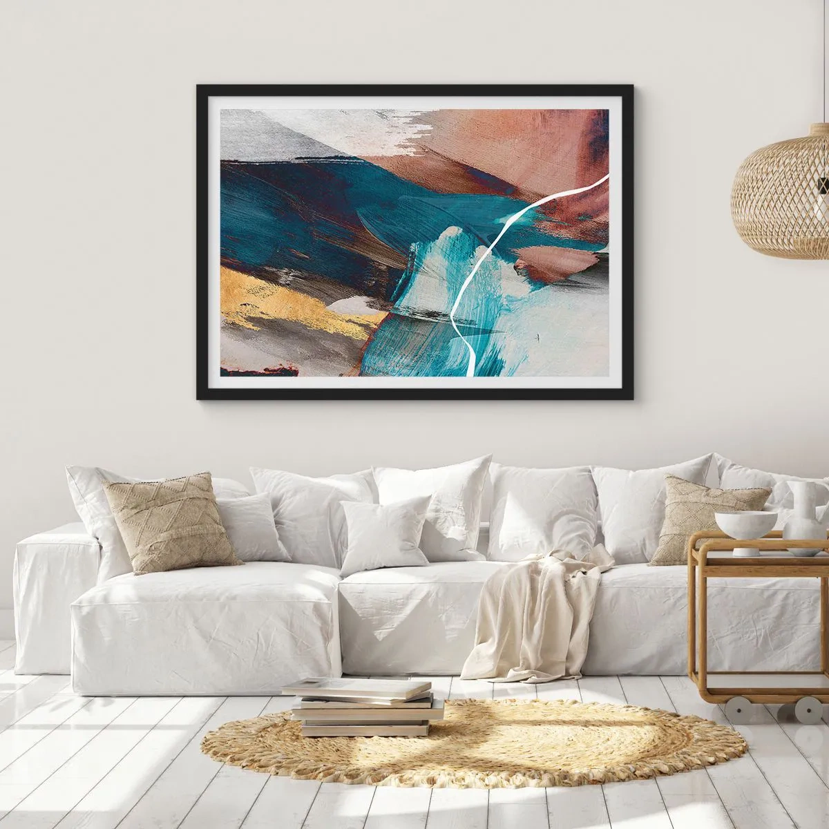 Poster in cornice nera - Pennellate astratte nei toni del blu e dell'oro - 70x50cm - Con forza ed energia - Decorazione murale moderna per soggiorno e camera da letto ARTTOR