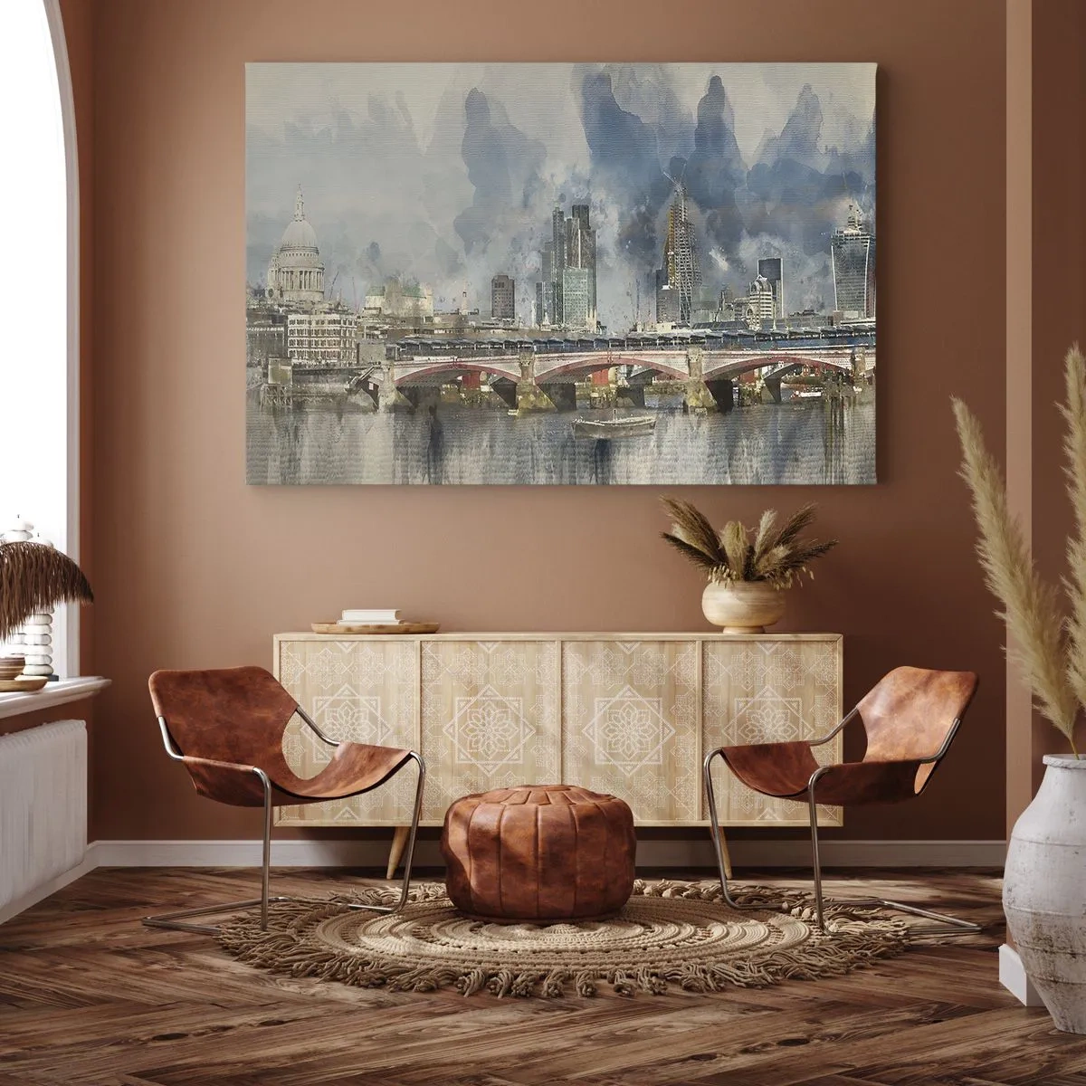 Quadro su tela - Stampe su Tela - Vista ad acquerello del ponte e dello skyline della città - 70x50cm - Londra in tutta la sua bellezza - Decorazione murale moderna per soggiorno e camera da letto ARTTOR