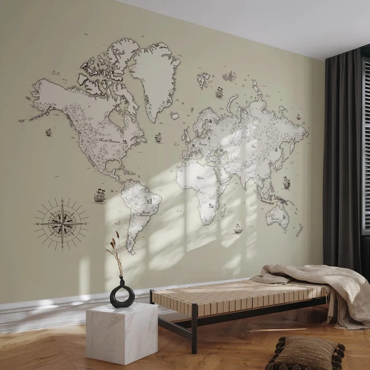 Fotomurali Standard Eco - Il viaggio attorno al mondo - Mappa del mondo, Continenti, Nave pirata - 200x140 cm