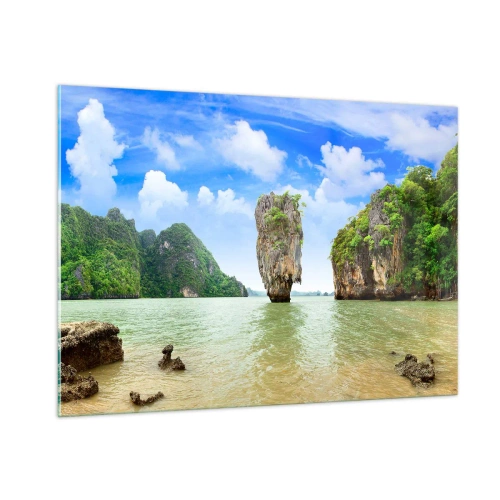 Quadro su vetro - Una roccia nell'acqua circondata da isole tropicali - 100x70cm - Meraviglie rocciose della natura - Decorazione murale moderna per soggiorno e camera da letto ARTTOR