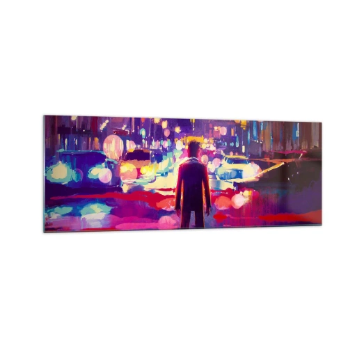 Quadro su vetro - Un uomo in una scena notturna di una città al neon - 140x50cm - Immerso nella luce - Decorazione murale moderna per soggiorno e camera da letto ARTTOR