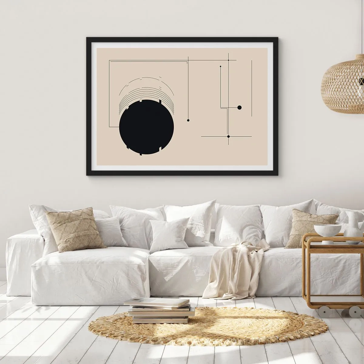Poster in cornice nera - Linee geometriche nere e un cerchio su uno sfondo beige - 70x50cm - Composizione elastica e dinamica - Decorazione murale moderna per soggiorno e camera da letto ARTTOR