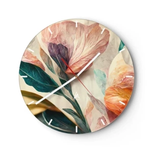 Orologio da parete - Orologio in Vetro - Fiori tropicali colorati in stile pittorico su uno sfondo chiaro - 30x30cm - I fiori delle isole del sud - Decorazione murale moderna per soggiorno, cucina e camera da letto ARTTOR