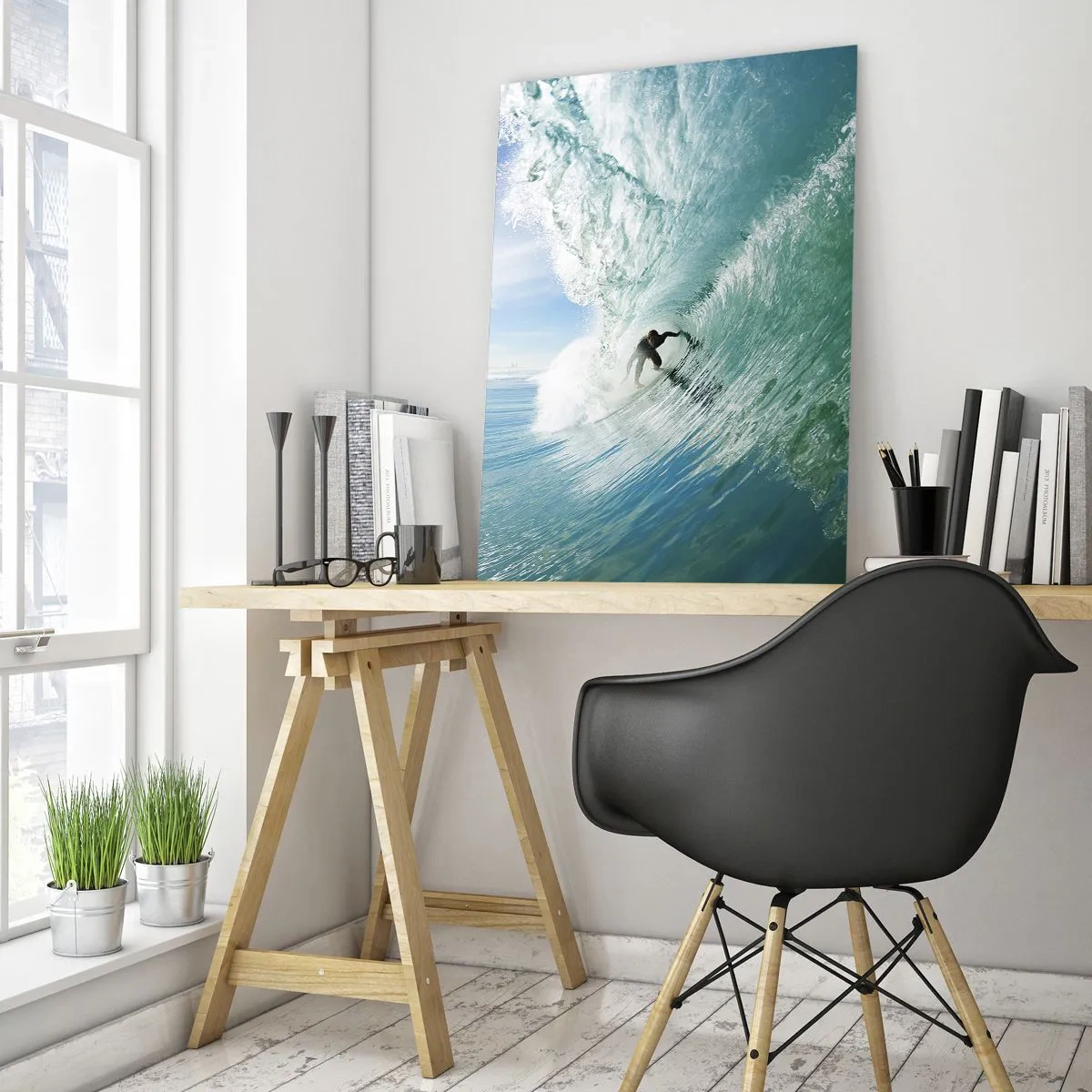 Quadro su vetro - Un surfista cavalca un'onda alla luce del sole contro un cielo blu - 80x120cm - Sempre sull'onda - Decorazione murale moderna per soggiorno e camera da letto ARTTOR