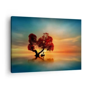 Quadro su tela - Stampe su Tela - Un albero dalle foglie rosse e una barca sull'acqua al tramonto - 70x50cm - Gli esiliati e il silenzio fuori dal mondo - Decorazione murale moderna per soggiorno e camera da letto ARTTOR