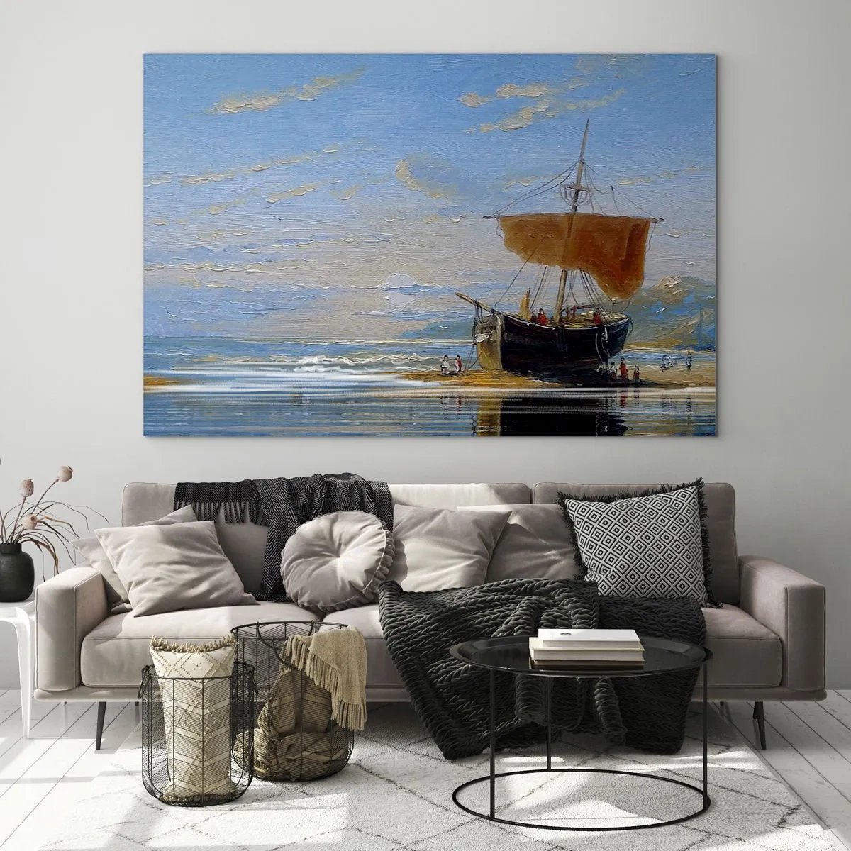 Quadro su vetro - Una nave con una vela sulla riva in stile pittorico - 70x50cm - Acqua, terra, aria - Decorazione murale moderna per soggiorno e camera da letto ARTTOR