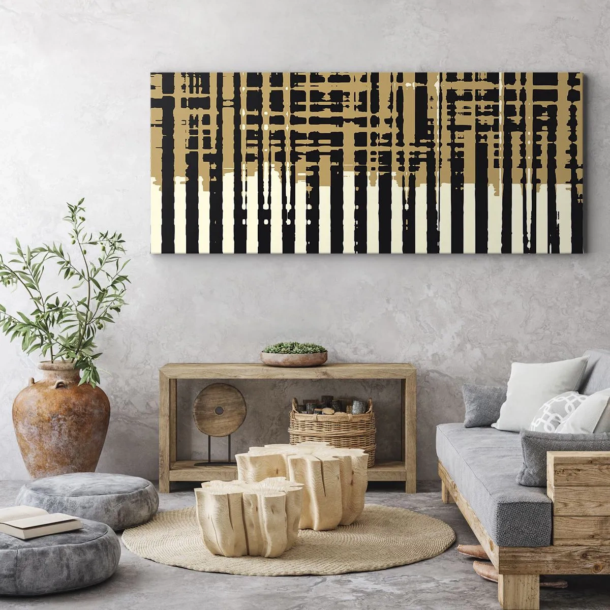 Quadro su tela - Stampe su Tela - Linee astratte in nero, beige e bianco - 160x50cm - Astrazione architettonica - Decorazione murale moderna per soggiorno e camera da letto ARTTOR