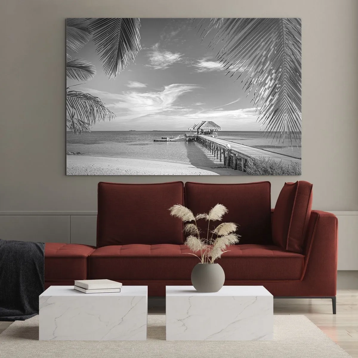 Quadro su vetro - Ripresa in bianco e nero di una spiaggia tropicale con un molo - 70x50cm - Un ricordo o un sogno? - Decorazione murale moderna per soggiorno e camera da letto ARTTOR