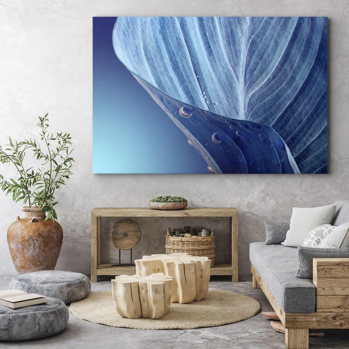 Quadro su tela - Stampe su Tela - Una foglia blu con gocce d'acqua visibili - 120x80cm - Gocce di blu nascoste - Decorazione murale moderna per soggiorno e camera da letto ARTTOR