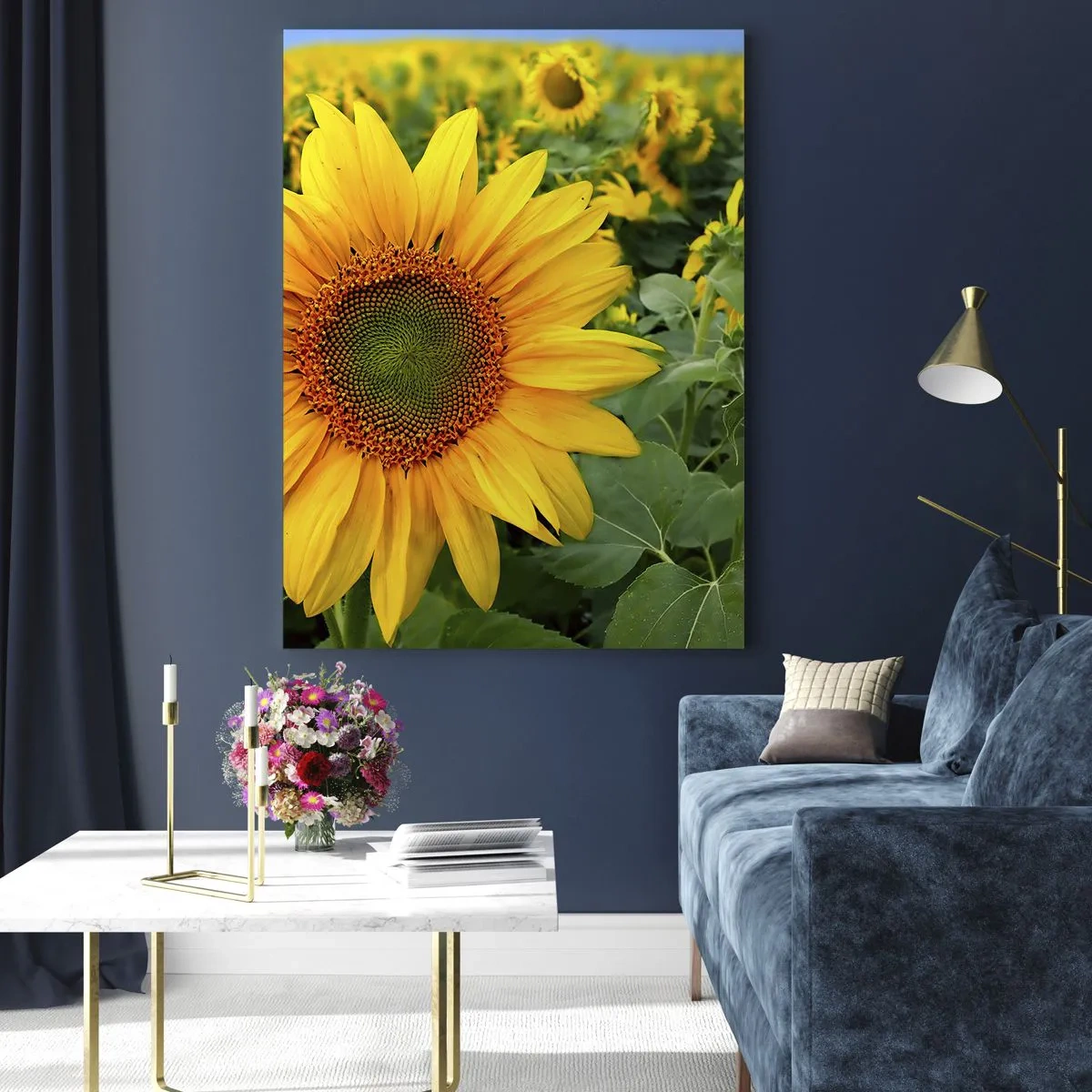 Quadro su vetro - Un campo di girasoli in piena fioritura sotto un cielo azzurro - 50x70cm - Centinaia di soli ardono - Decorazione murale moderna per soggiorno e camera da letto ARTTOR