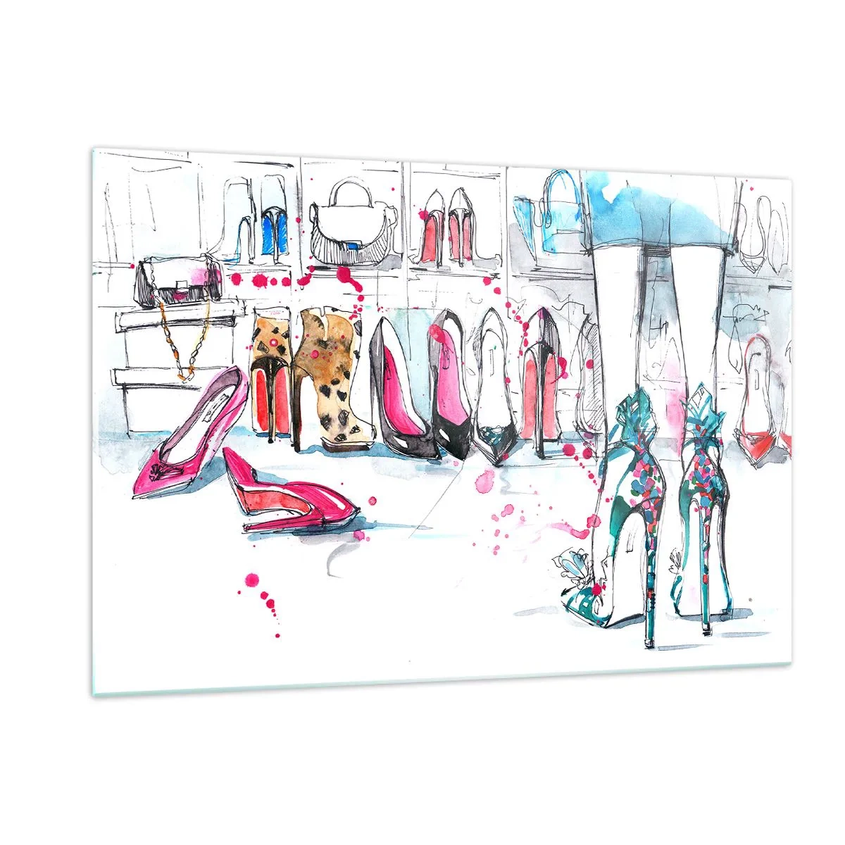 Quadro su vetro - Illustrazione di eleganti tacchi alti in un negozio - 120x80cm - Apriti sesamo - Decorazione murale moderna per soggiorno e camera da letto ARTTOR