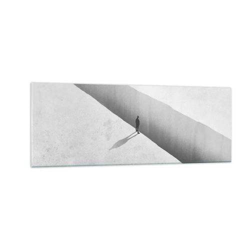 Quadro su vetro - Una figura solitaria è in piedi su un profondo abisso in un ambiente monocromatico. - 140x50cm - Un obiettivo chiaro - Decorazione murale moderna per soggiorno e camera da letto ARTTOR