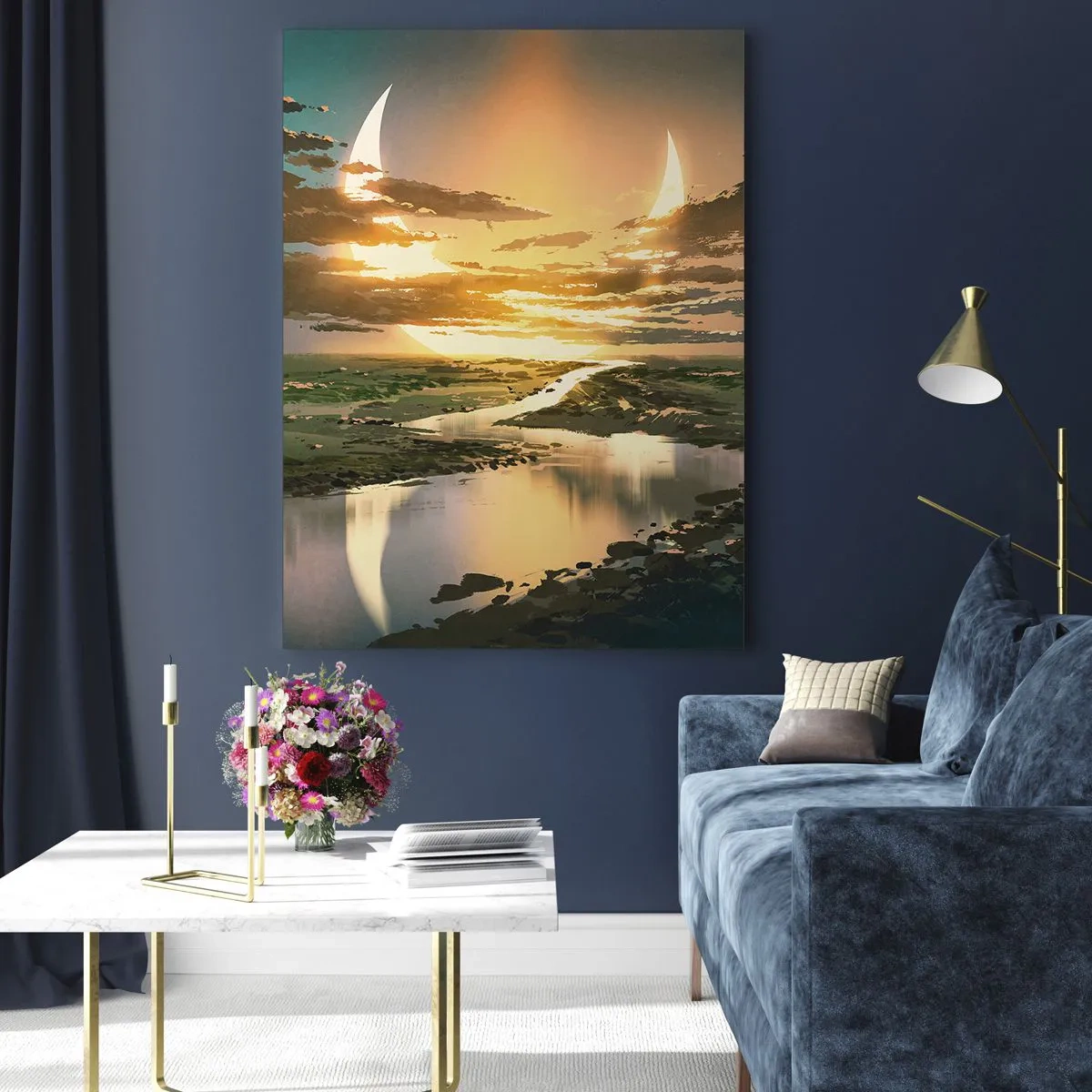 Quadro su vetro - Un paesaggio fantastico con una doppia luna sul fiume - 50x70cm - Da qualche parte in una galassia lontana - Decorazione murale moderna per soggiorno e camera da letto ARTTOR