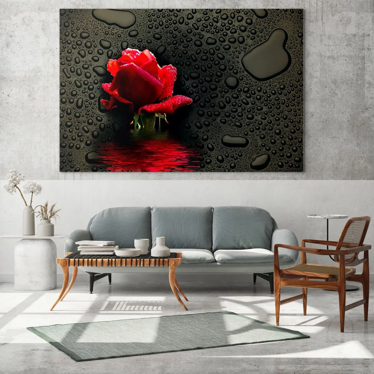 Quadro su vetro - Rosa rossa con gocce d'acqua su sfondo scuro - 70x50cm - Rosso e nero - Decorazione murale moderna per soggiorno e camera da letto ARTTOR