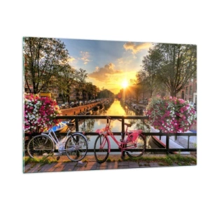 Quadro su vetro - Tramonto sul canale con biciclette sullo sfondo - 120x80cm - Mattino di primavera ad Amsterdam - Decorazione murale moderna per soggiorno e camera da letto ARTTOR