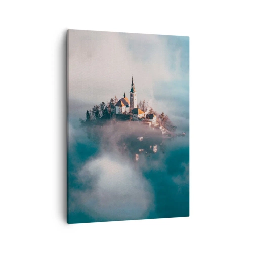 Quadro su tela - Stampe su Tela - Un'isola pittoresca con una chiesa circondata dalla nebbia - 50x70cm - L'isola dei sogni - Decorazione murale moderna per soggiorno e camera da letto ARTTOR