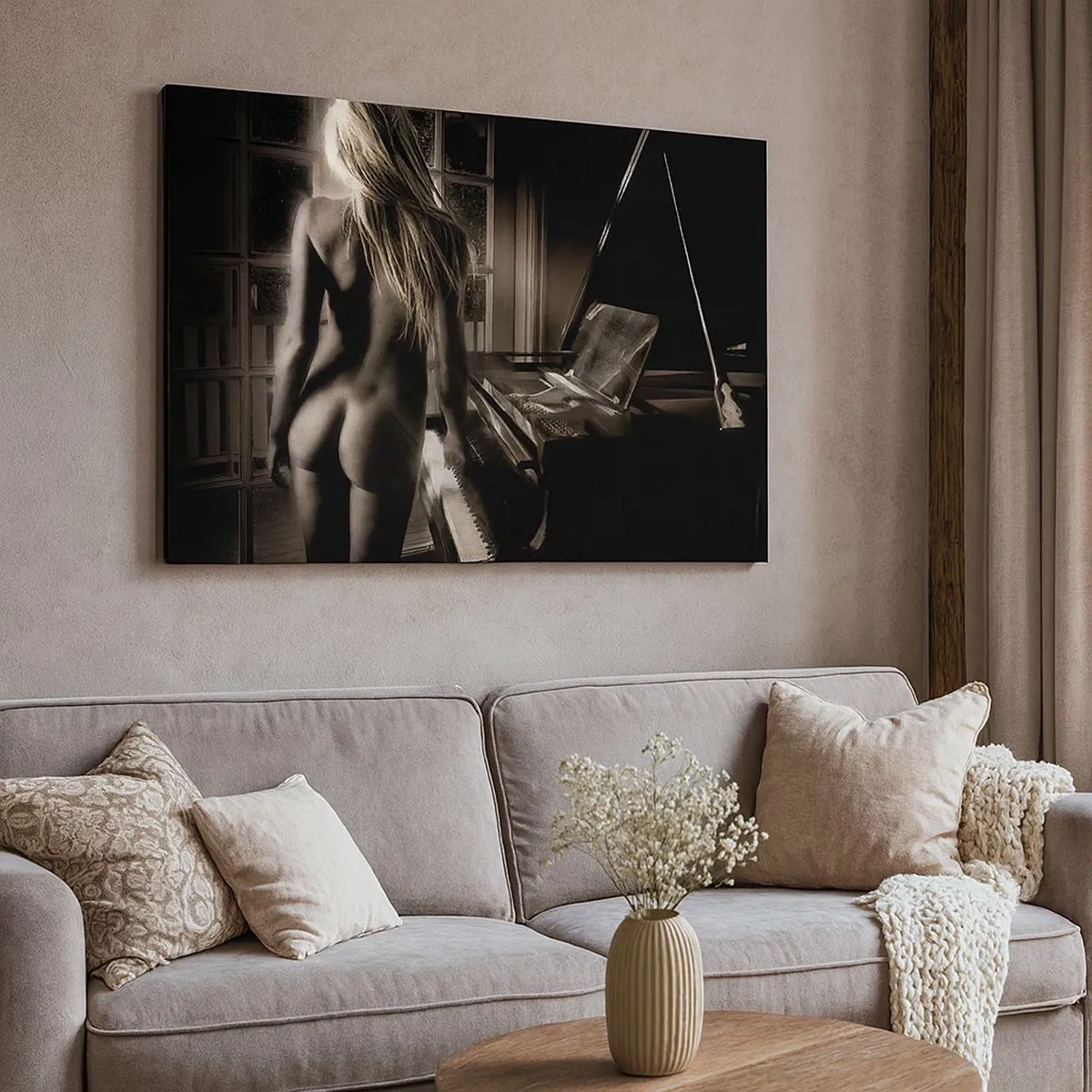 Quadro su tela - Stampe su Tela - Nudo femminile al pianoforte in stile bianco e nero - 70x50cm - La perfetta armonia della sera - Decorazione murale moderna per soggiorno e camera da letto ARTTOR