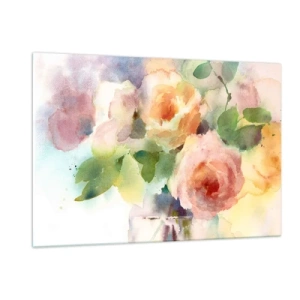 Quadro su vetro - Un dipinto ad acquerello di rose in delicati colori pastello. - 120x80cm - Delicati come un acquerello - Decorazione murale moderna per soggiorno e camera da letto ARTTOR
