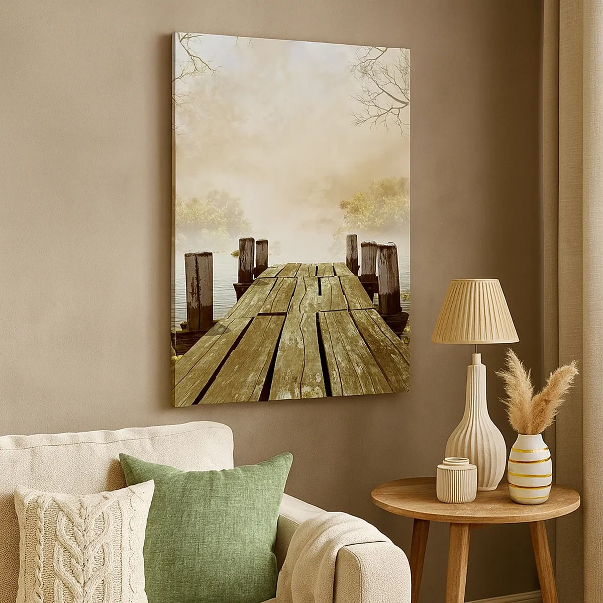 Quadro su tela - Stampe su Tela - Un molo di legno che conduce a un lago calmo nella nebbia mattutina - 50x70cm - La mite melanconia autunnale - Decorazione murale moderna per soggiorno e camera da letto ARTTOR