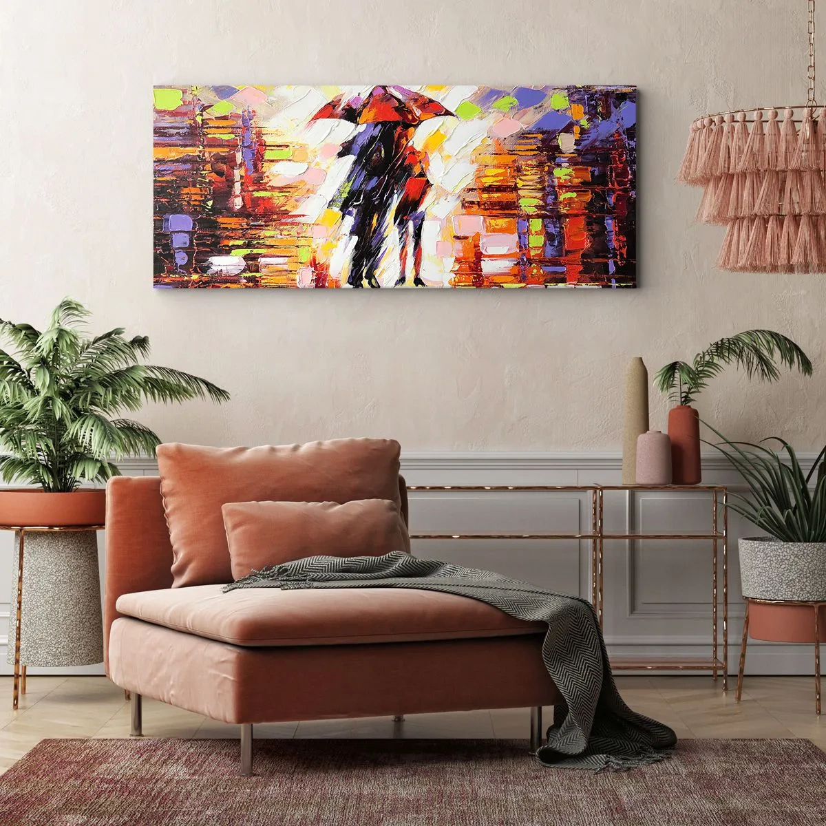 Quadro su tela - Stampe su Tela - Una scena astratta di una passeggiata sotto un ombrello in una notte piovosa. - 140x50cm - Insieme nella notte e nella pioggia - Decorazione murale moderna per soggiorno e camera da letto ARTTOR