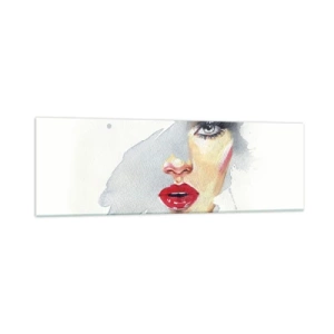 Quadro su vetro - Ritratto ad acquerello di una donna dallo sguardo intenso. - 160x50cm - Riflesso in una goccia d'acqua - Decorazione murale moderna per soggiorno e camera da letto ARTTOR