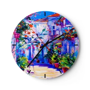 Orologio da parete - Orologio in Vetro - Un patio incantevole pieno di fiori dai colori intensi - 30x30cm - Impressionismo: stradina italiana - Decorazione murale moderna per soggiorno, cucina e camera da letto ARTTOR
