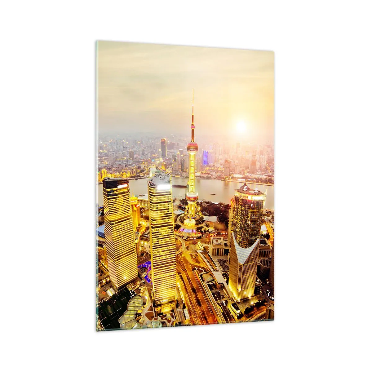 Quadro su vetro - Panorama della città con grattacieli al tramonto - 70x100cm - Sogno asiatico - Decorazione murale moderna per soggiorno e camera da letto ARTTOR
