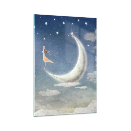 Quadro su vetro - Una donna sulla luna circondata da stelle e nuvole - 70x100cm - Seduttrice celeste - Decorazione murale moderna per soggiorno e camera da letto ARTTOR