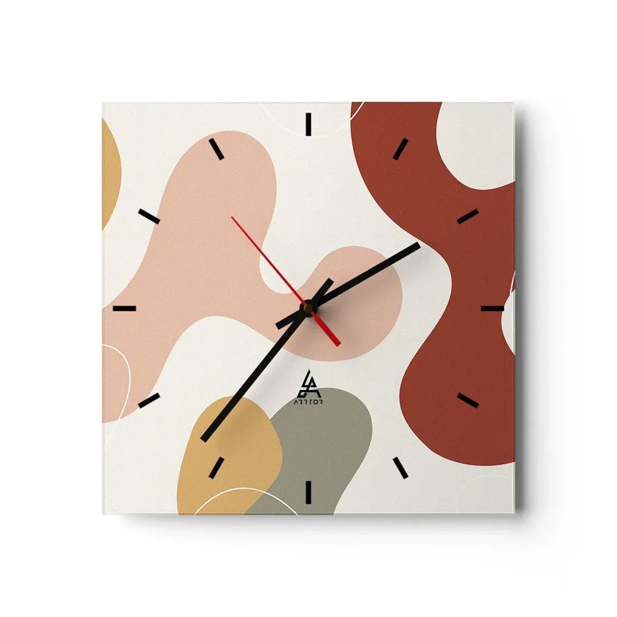 Orologio da parete - Orologio in Vetro - Una composizione astratta in tonalità pastello con forme dinamiche. - 30x30cm - Ghirigori - Decorazione murale moderna per soggiorno e camera da letto ARTTOR