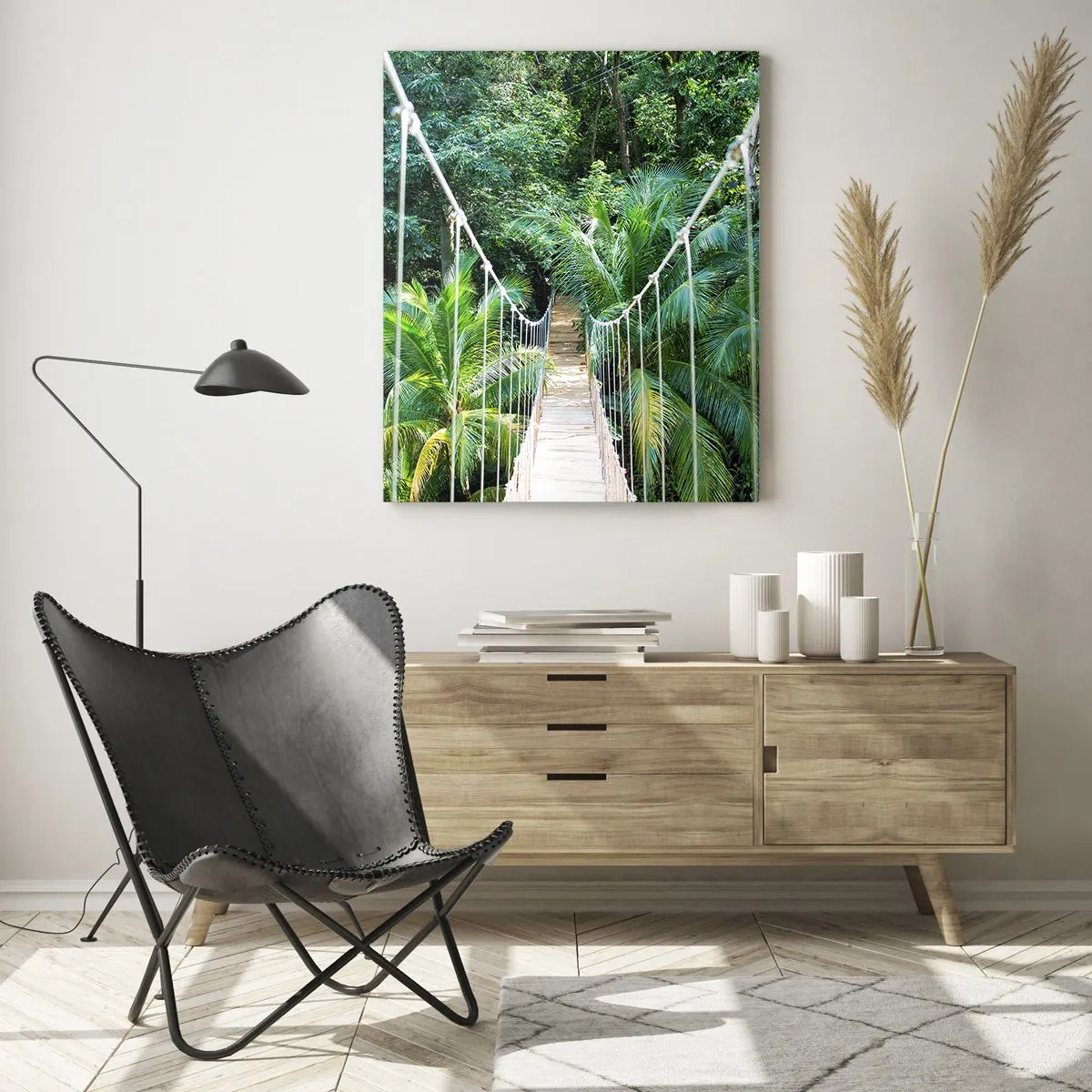 Quadro su vetro - Un ponte sospeso in una giungla tropicale piena di verde - 80x120cm - Welcome to the jungle! - Decorazione murale moderna per soggiorno e camera da letto ARTTOR